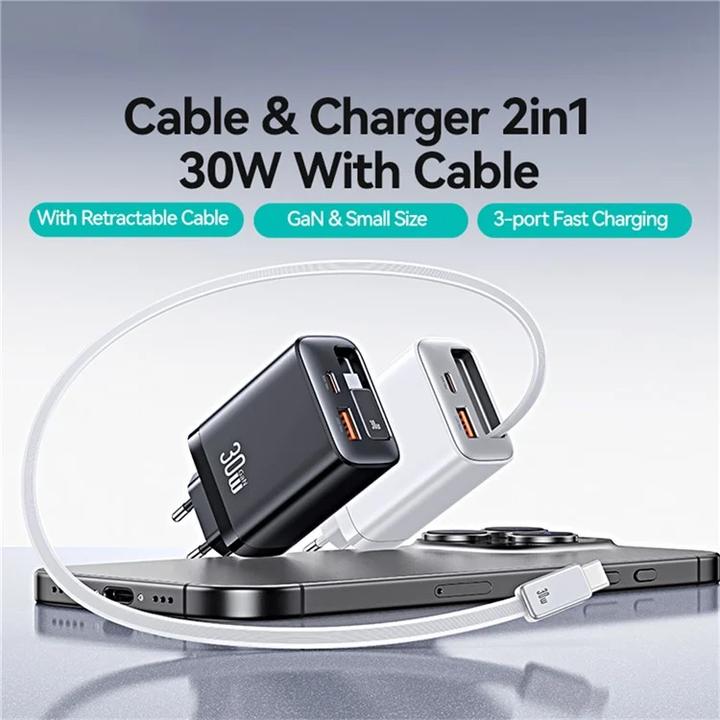 Immagine prodotto Usams CC296 30W Fast Charger With Retractable Type-C Cable (EU) - Xiang Series White (30 W)