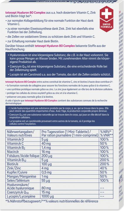 Nutritional values and ingredients Tetesept Hyaluron 80 (30 Piece, Pills, 19 g)