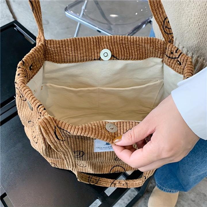 Actual product image Only-Bags.Store Retro Corduroy Tote Bag, Smiling Face Print Shoulder Bag, Simple Handbag for School