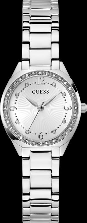 Guess P SLV CS W/ CRYS / SUN WHT DL / P SLV BRCT Armbanduhr (Uhr mit Schmuckstein, 30 mm)