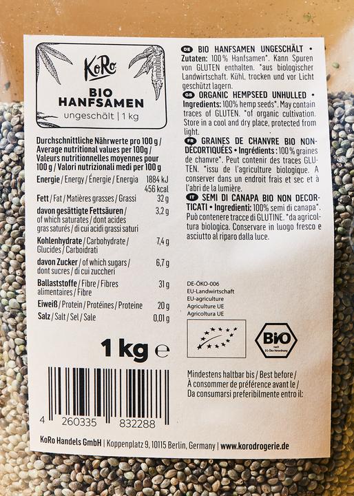 Nährwerte und Zutaten KoRo Bio Hanfsamen ungeschält (1000g) (1000 g)
