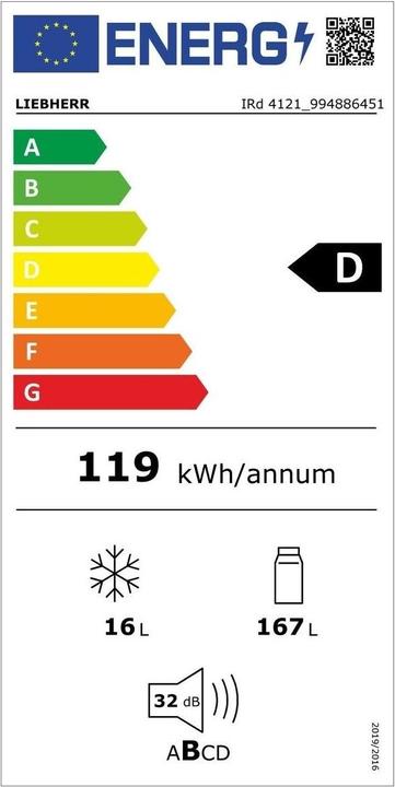 Label énergétique Liebherr Réfrigérateur encastrable IRd 4121 Plus Droite/Interchangeable (182 l)