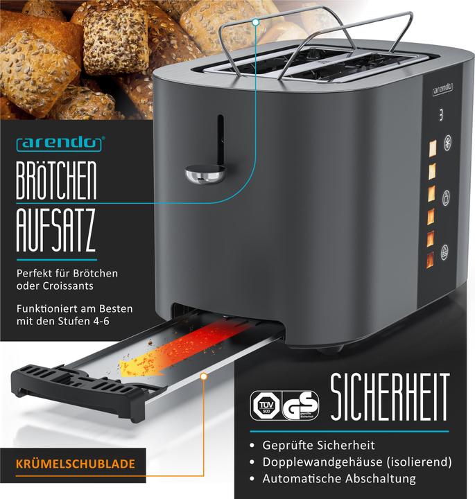 Image du produit Arendo Toaster Edelstahl 2 Scheiben Kurzschlitz, Restzeit & Bräunungsgradanzeige, Touch Display, 800 W (Prise UE)