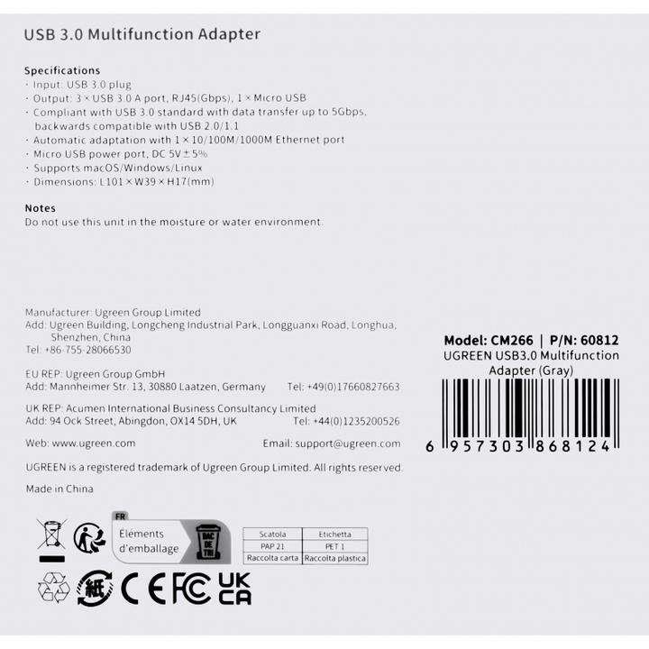 Image du produit Ugreen CM266 Adaptateur Hub 5en1 USB, 3x USB 3.0, micro USB, RJ45 (gris) (USB-A, 5 Ports)