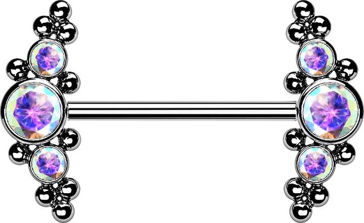 Star Piercing Threadless Barbell silber front mittig mit Kugeln und drei Kristalle multicolor (ohne Messing, Titan G23)