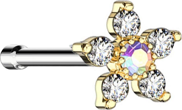 Star Piercing Nasenstecker gerade vergoldet Blume mit Kristall multicolor und silber (Chirurgenstahl 316L, Messing)