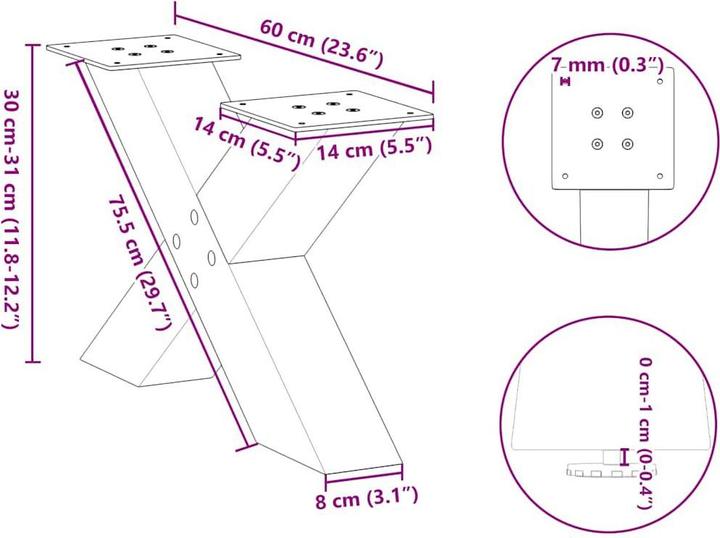 Actual product image VidaXL Coffee table legs X-shape 2 pcs. black 60x(30-31) cm steel table leg