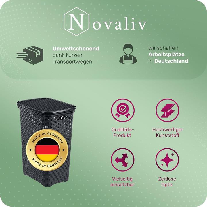 Produktbild Novaliv 3 Stück Rattan Wäschekorb mit Deckel 60L Schwarz, Wäschebox Set Wäscheeimer Wäschebehälter m (60 l)