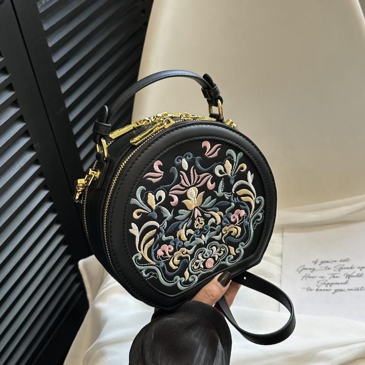 Only-Bags.Store Elegante, mit Blumen bestickte Umhängetasche - Schicke Kunstleder-Schultertasche mit goldfarbener