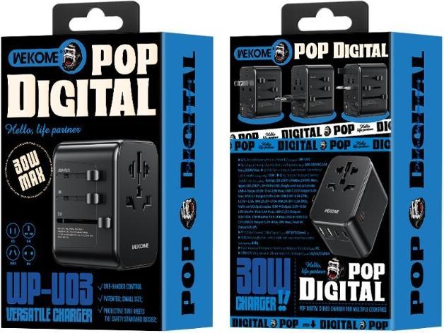 Actual product image Wekome Pop Digital Series EU/UK/US/AU charger/travel adapter + 3x USB-C & 2x USB-A (30 W)