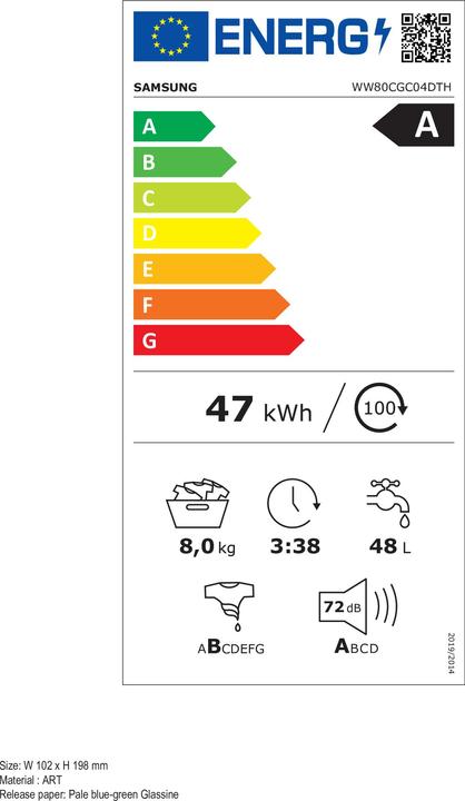 Label énergétique Samsung WW80CGC04DTH (8 kg, Gauche)
