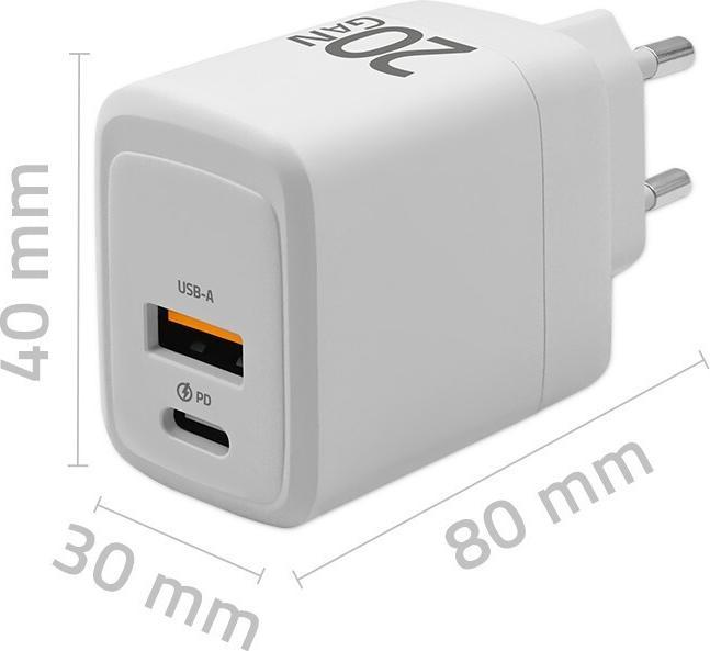 Actual product image Qoltec GaN 20W Ladegerät, 1x USB-C PD, 1x USB-A, US (20 W)
