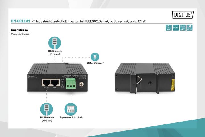 Produktbild Digitus PoE Injektor 1-Port 85W IEEE802.3af, at, bt (802.3af (PoE), 802.3bt (PoE++), 802.3at (PoE+), 85 W)
