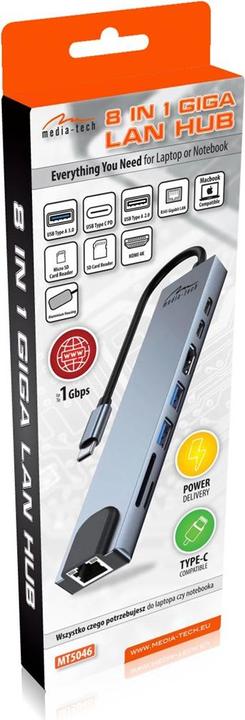 Immagine prodotto Media-Tech HUB USB 8 IN 1 GIGA LAN HUB MT5046 (USB-C, 6 Porti)