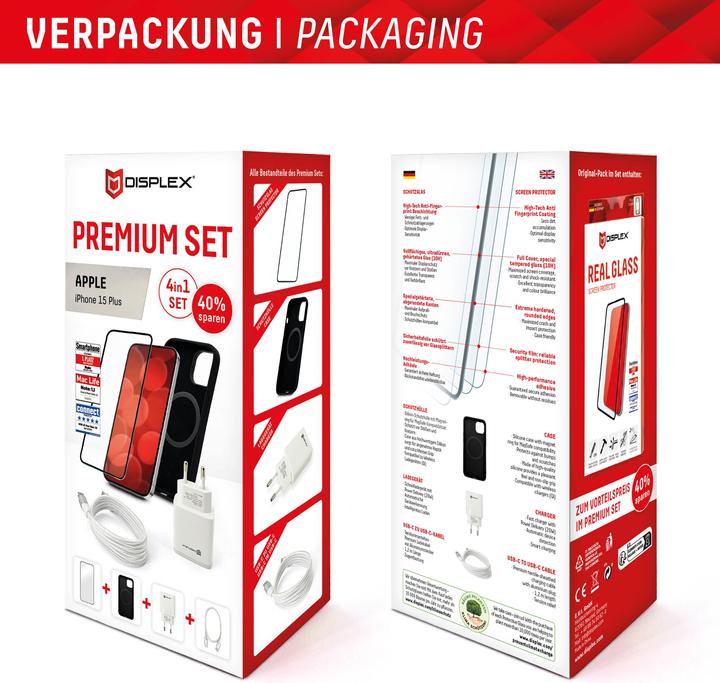 Produktbild Displex 4 in 1 Premium Set (Full Cover Panzerglas, Schutzhülle, Ladegerät, Ladekabel) (1 Stück, Apple iPhone 15 Plus)