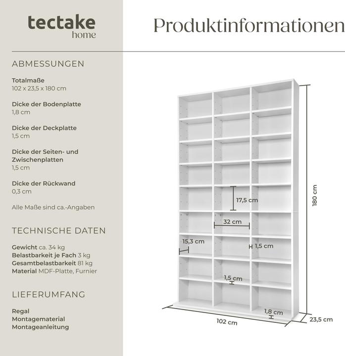 Produktbild tectake Medienregal (102 x 23.5 x 180 cm)