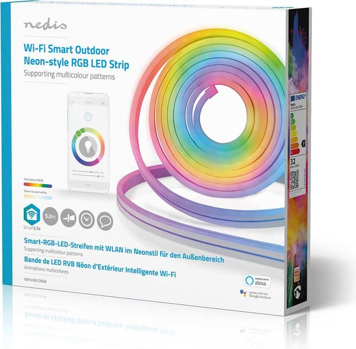 Image du produit Nedis WIFILN51CRGB Smart Full Color LED pásek Wi-Fi | Více barev | 5000 mm | IP65 | 960 lm, F (Multicolore, 500 cm, Intérieur, Extérieur)