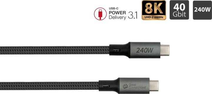 Produktbild Good Connections USB 4.0 Gen. 3x2 Kabel 40GBit/s 240W 8Ka60Hz USB-C Stecker an (1.80 m, USB 4.0, 240 W)