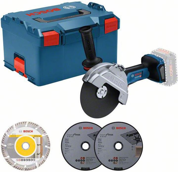2 x disque à tronçonner, Expert for Inox Rapido, 180 x 22,23 mm (2 608 603 406), Poignée supplémentaire Vibration Control avec extension (1 607 000E8B), Capot de protection (1 600 A02 84A), Écrou de serrage (1 603 345 043), Capot de séparation métallique clipsable (1 619 P16 650), L-BOXX 238, 1 x disque diamanté, Standard for Universal, 180 x 22,23 mm (2 608 615 063), Bride de serrage (2 605 703 014), Tournevis pour écrous à deux trous (F 000 632 033)