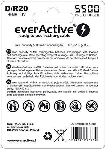 Produktbild Everactive Rechargeable batteries R20/D Ni-MH 5500 mAh ready to use - Batterie - Mono (D) (2 Stk., D, 5500 mAh)