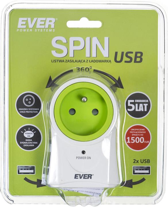 Actual product image Ever SPIN T / LZ10-SPI000 / 0000 Power strip (1 x UTE, 2 x USB, 16 A (3680 W), white) (1 x, 0.20 m)