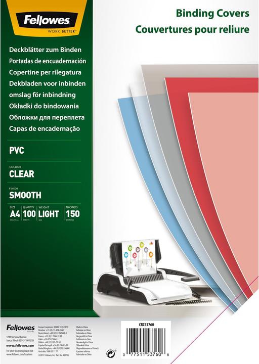 Image du produit Fellowes Feuilles de couverture en PVC (A4, 150 microns)