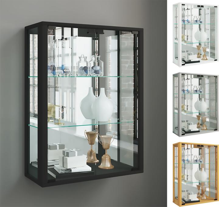 VCM Wandvitrine Sammelvitrine Glasvitrine Wand Vitrine Regal Schrank Glas Hängevitrine "Udina Spiegel" (60 x 25 x 80 cm)