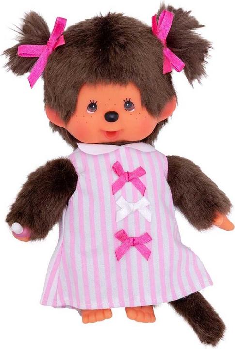 Monchhichi Sekiguchi 223589 original girl, made of brown plush, with pink and white striped dress and braids m (20 cm)