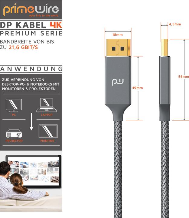 Produktbild Primewire DisplayPort Kabel, DP 1.2, Verbindungskabel 4K 3840 x 2160 @ 60 Hz / 2K @ 120Hz für Monitor (5 m, DisplayPort)