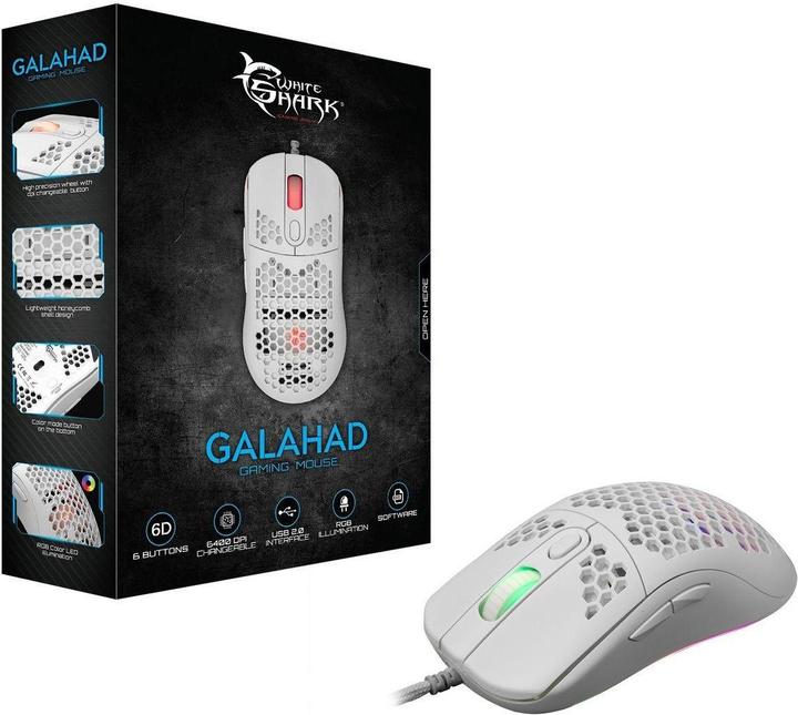 Actual product image White Shark Extremely light gaming mouse Galahad White, 72g (Cable)