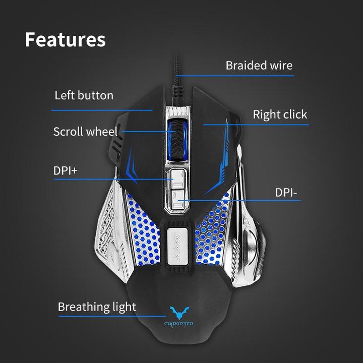 Actual product image Chiropter X39 Pro optical gaming mouse, 8 buttons, braided 1.5 m cable 1000-3200 dpi LED light black