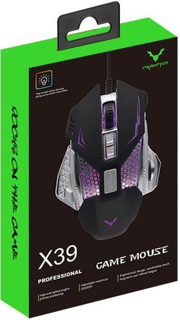 Actual product image Chiropter X39 Pro optical gaming mouse, 8 buttons, braided 1.5 m cable 1000-3200 dpi LED light black