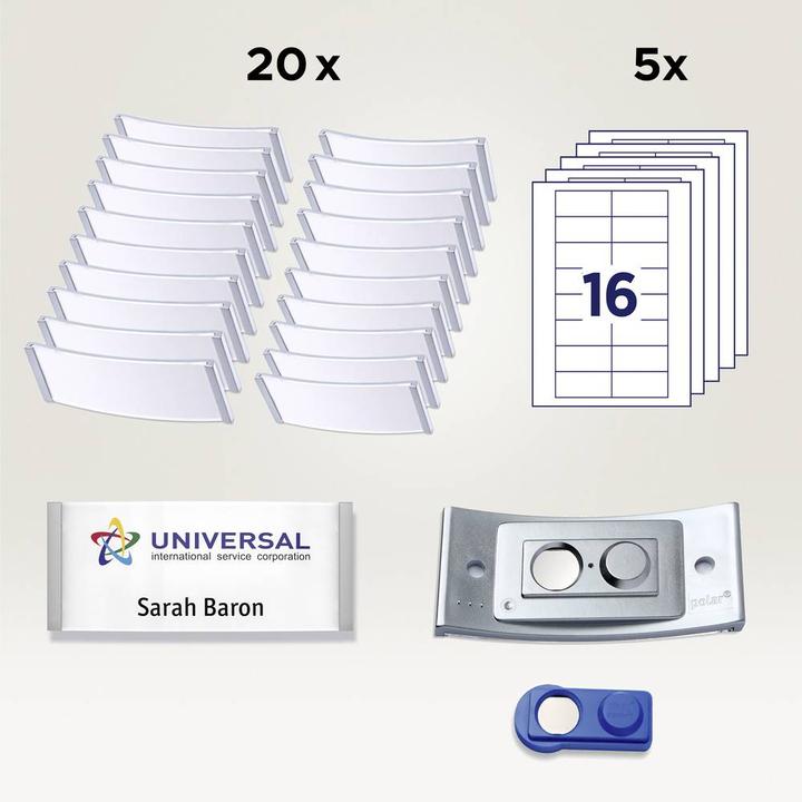 Actual product image Badgepoint POL35MA66-20DR Name badges, 74 x 34 mm, metal-coloured