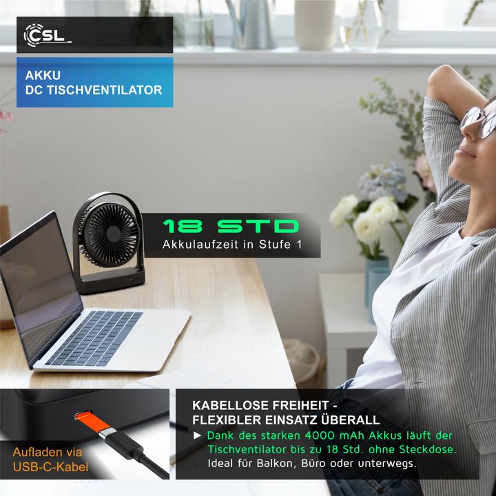 Produktbild CSL Akku Tischventilator, sehr leise, USB Mini Desk Fan, Schreibtischventilator, mobiler Lüfter DC Motor (46.40 dB)