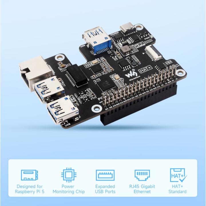 Image du produit WaveShare PCIe vers Gigabit ETH USB3.2 HAT+ pour Raspberry Pi5