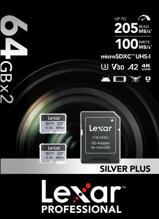 Actual product image Lexar Professional Silver Plus 2-Pack (64 GB, microSDXC, U3, UHS-I)