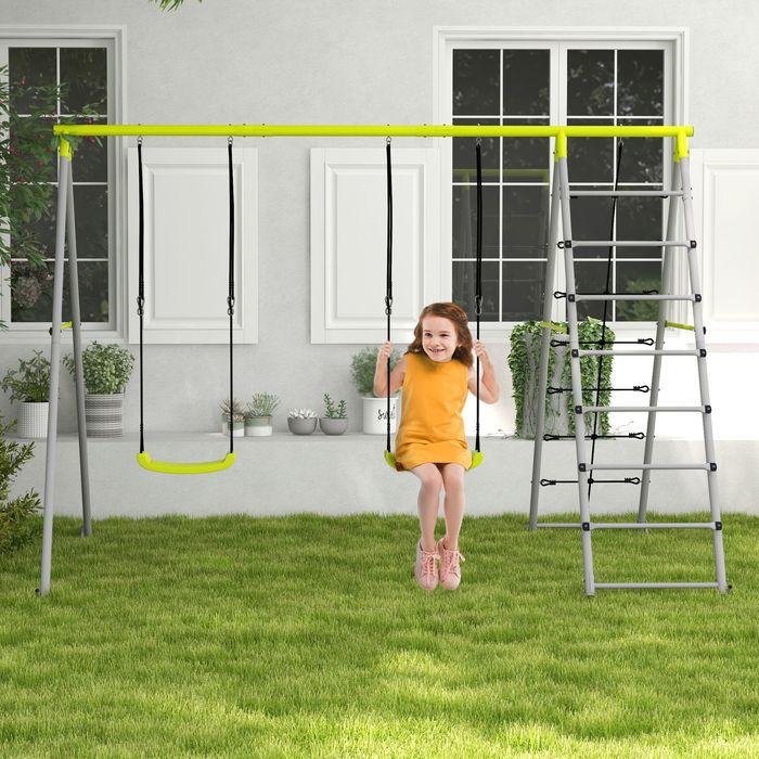 Produktbild Swisshandel24 Kinderschaukel-Set Schaukelgerüst, Schaukelgestell mit 2 Schaukeln, Kletternetz, Sprossenleiter, Gar