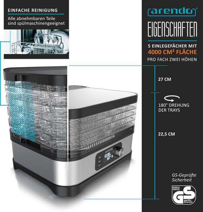 Actual product image Arendo Dörrautomat mit Temperaturregler, 5 Etagen, 35-70°C, Edelstahl, Dörrgerät 400 W, Timer 24h, BPA-frei