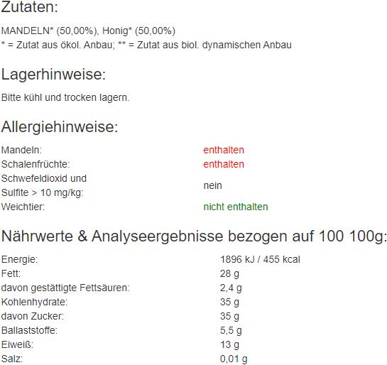 Nährwerte und Zutaten Rapunzel Honig Marzipan (250 g)