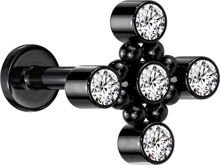 Star Piercing Micro Labret Innengewinde schwarz Quadratisch acht Kugeln fünf Kristalle silber (ohne Messing, Titan G23)
