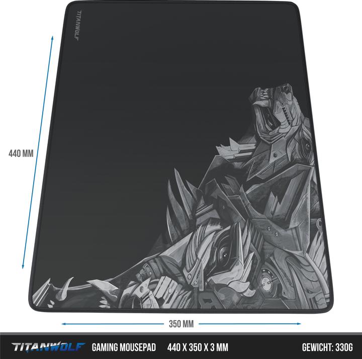 Actual product image Titanwolf Gaming mouse pad XL, 440 x 350mm mouse mat with fabric surface, rubberised back, wolf motif on the (L)