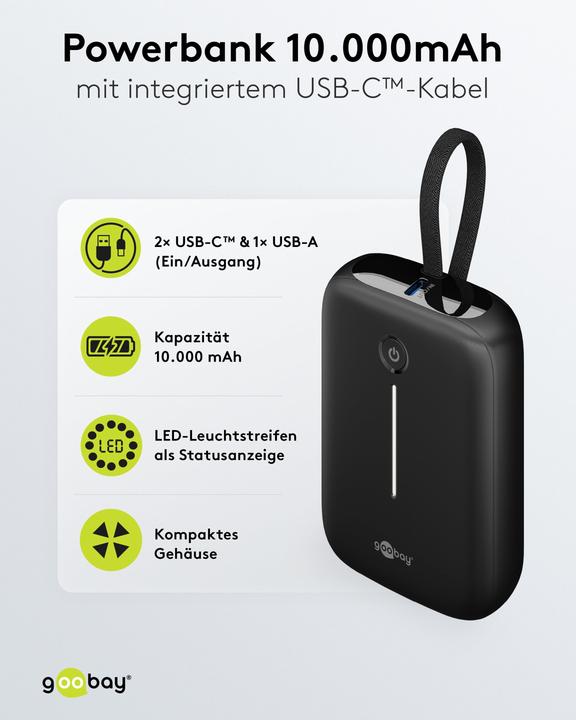Produktbild Goobay Powerbank 10.000 mAh mit integriertem USB-C-Kabel (10000 mAh, 15 W)