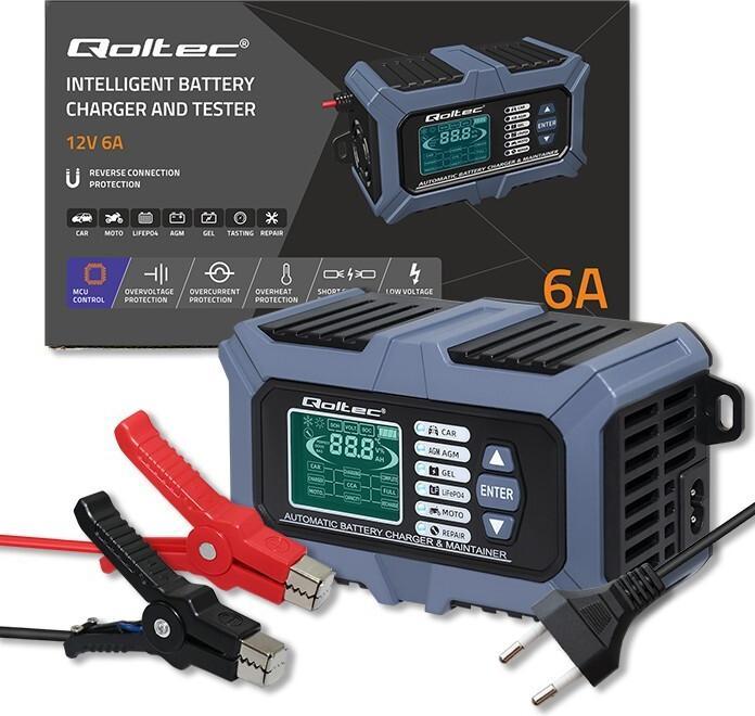 Immagine prodotto Qoltec Inteligentna mikroprocesorowa ładowarka z testerem baterii i funkcją naprawy 12V | 6A | LCD | (12V, 6 A)