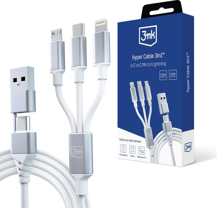 Produktbild 3MK Hyper Cable 3w1 USB-A/USB-C - USB-C/Micro/Lightning 1.5m Biały/White Kabel (1.50 m, USB 3.2 Gen 1, 12 W)