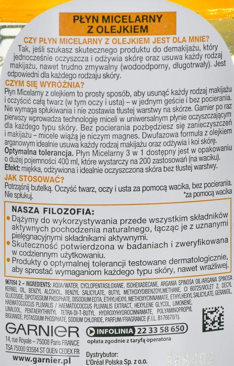 Actual product image Garnier Skin Naturals two-phase micellar water with argan oil 400ml (Blackhead remover, 400 ml)