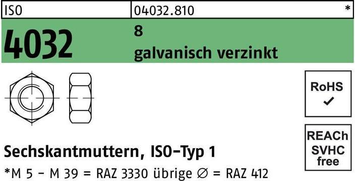 Bufab Zeskantmoer ISO 4032 M 8 8 elektrogalvanisch verzinkt (M8)