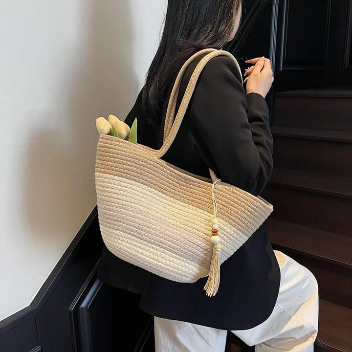 Actual product image Only-Bags.Store Baumwollseil gewebtes Design Umhängetaschen gestreift grosse Kapazität Sommer Strand Shopper mit