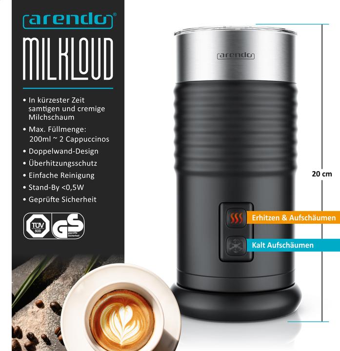 Image du produit Arendo Mousseur à lait 435 W, Automatique, Électrique, Anti-adhésif, Mousse chaude et froide (20 cl)