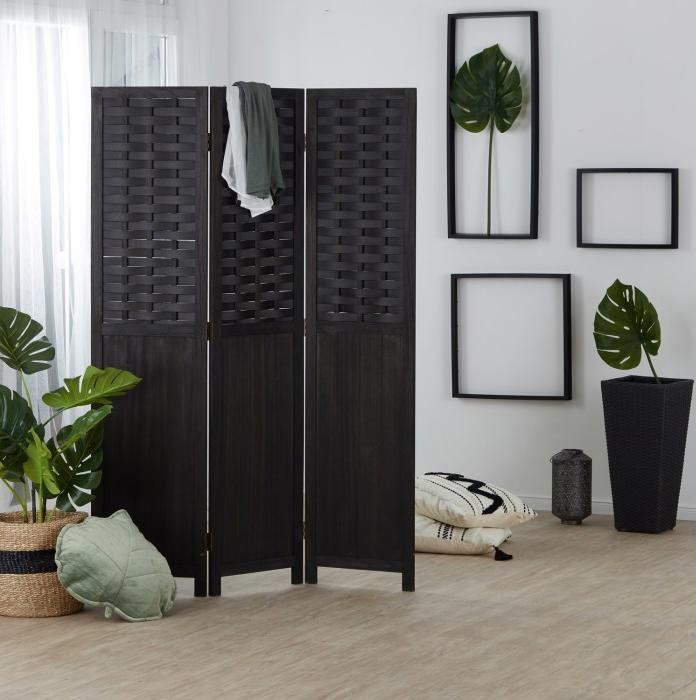 Produktbild Homestyle4u Paravent Raumteiler 3 teilig Holz Trennwand Rattan Optik Sichtschutz Schwarz