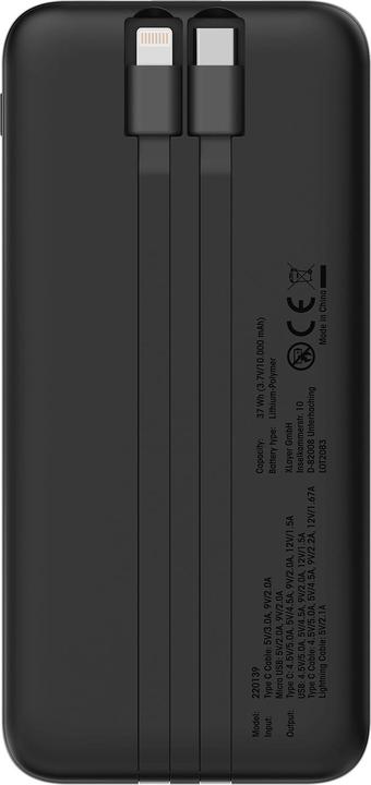 Produktbild Xlayer Powerbank 10.000 mAh mit zwei integrierten Kabeln PD 20W Black (10000 mAh, 20 W, 37 Wh)